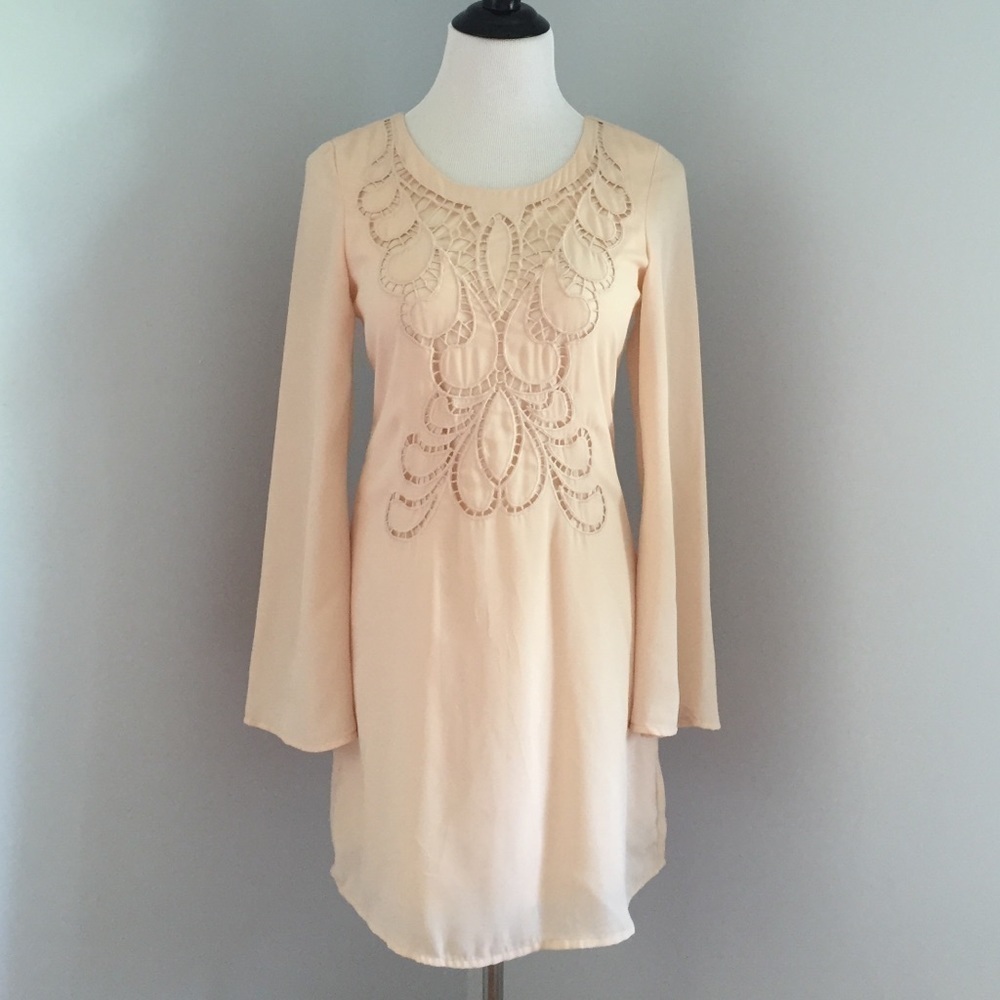 Ya Los Angeles Long Sleeve Boho Mini Dress Ivory Cream White